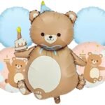 MPS MY PARTY SUPPLIERS® Set of 5 Brown Teddy Bear with cake foil balloon, teddy Bear Theme Party Supplies, Jungle animal theme, cartoon cute teddy bear, teddy bear balloon, blue round balloon