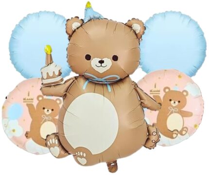 MPS MY PARTY SUPPLIERSĀ® Set of 5 Brown Teddy Bear with cake foil balloon, teddy Bear Theme Party Supplies, Jungle animal theme, cartoon cute teddy bear, teddy bear balloon, blue round balloon