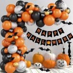 MPS My Party Suppliers Halloween Balloons Garland Arch Kit, Halloween Party Decorations Set with Halloween Banner Orange,Black and Gold Balloons,Bats Decoration for Halloween Party Supplies
