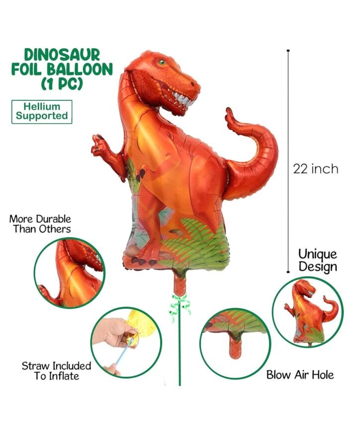 MPS My Party Suppliers Set of 5 Dinosaur foil balloon, animal theme birthday Balloons, animal foil balloons, jungle theme, green star balloon, animal foil balloons decor, happy dinosaur balloon - Image 3