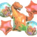 MPS My Party Suppliers Set of 5 Dinosaur foil balloon, animal theme birthday Balloons, animal foil balloons, jungle theme, green star balloon, animal foil balloons decor, happy dinosaur balloon