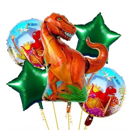 MPS My Party Suppliers Set of 5 green Dinosaur foil balloon, animal theme birthday Balloons, animal foil balloons, jungle theme, green star balloon, animal foil balloons decor, happy dinosaur balloon