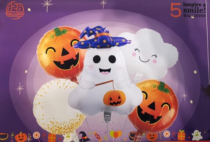 Jagmag® Happy Halloween Foil Balloon Bouquet, Halloween Decoration, Halloween Balloons, Ghost Balloon, Pumpkin Halloween Balloon, Cloud Balloon Happy Halloween Night Round Balloons - Image 1