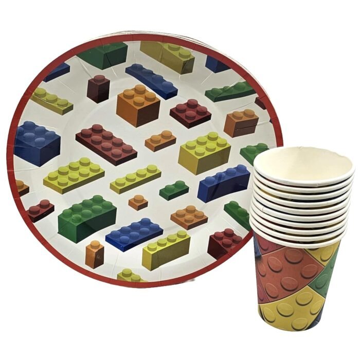 JAGMAG® Building Blocks Theme Birthday Party Tableware - 10 Paper Cups, 10 Plates & 20 Tissue Papers Vibrant Design for Fun-Filled Celebrations! Disposable Paper Set for Sport & Game Theme Party - Image 3