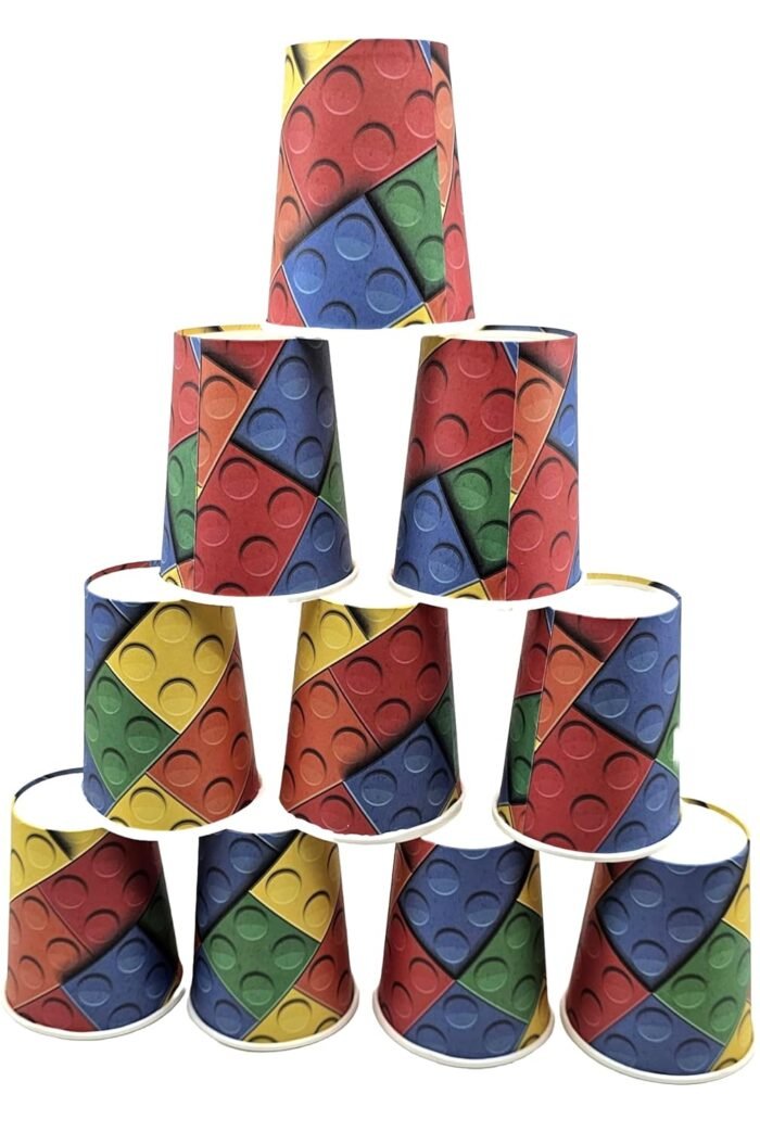 JAGMAG® Building Blocks Theme Birthday Party Tableware - 10 Paper Cups, 10 Plates & 20 Tissue Papers Vibrant Design for Fun-Filled Celebrations! Disposable Paper Set for Sport & Game Theme Party - Image 2