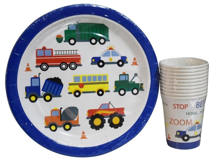 JAGMAG® Construction Birthday Party Supplies Paper Plates and Paper Glass Set, Transport Theme Paper Plates I Paper Plates for Jurassic Theme Birthday Construction Birthday Party Supplies - Image 1