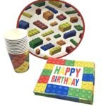 JAGMAG® Building Blocks Theme Birthday Party Tableware - 10 Paper Cups, 10 Plates & 20 Tissue Papers Vibrant Design for Fun-Filled Celebrations! Disposable Paper Set for Sport & Game Theme Party