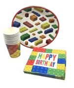 JAGMAG® Building Blocks Theme Birthday Party Tableware - 10 Paper Cups, 10 Plates & 20 Tissue Papers Vibrant Design for Fun-Filled Celebrations! Disposable Paper Set for Sport & Game Theme Party