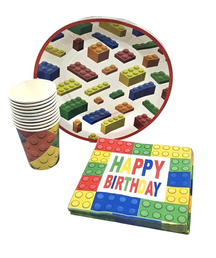 JAGMAG® Building Blocks Theme Birthday Party Tableware - 10 Paper Cups, 10 Plates & 20 Tissue Papers Vibrant Design for Fun-Filled Celebrations! Disposable Paper Set for Sport & Game Theme Party - Image 1