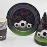 JAGMAG® Football Party Supplies Decorations, Kids Birthday Paper Plates and Glass Birthday Cap Set Disposable Party Dessert Dinnerwares, Soccer Theme, Set of 3 Plate, Glass & Cap