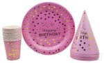 Jagmag® Disposable Party Pack Pink and Gold Party Supplies | 9" Dinner Paper Plates,Paer Glass* Birthday Cap, Birthday, Glass Pink and Gold Dots Themed Party Supplies