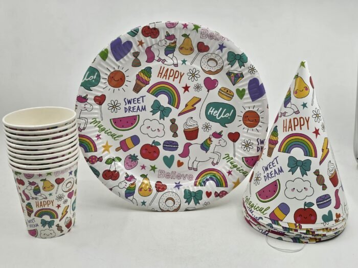 Jagmag® Disposable Unicorn Paper Plates and Glass, Unicorn Cap Unicorn Birthday Party, Unicorn Party Plates, Party Glass Unicorn Baby Shower, Rainbow Unicorn Decorations Set of 3 Plate, Glass & Cap - Image 1
