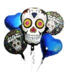 Set of 5 Scary skull halloween balloons with blue hearts Halloween theme foil balloons decorations Kids halloween party supplies Balloon decoration for hallo ween event