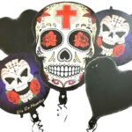 Set of 5 Halloween skull with black hearts balloons Halloween theme foil balloons decorations Kids halloween party supplies Balloon decoration for hallo ween event