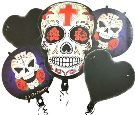 Set of 5 Halloween skull with black hearts balloons Halloween theme foil balloons decorations Kids halloween party supplies Balloon decoration for hallo ween event