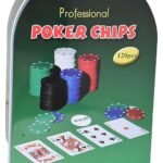 MY PARTY SUPPLIERS® Professional Poker Chips Casino Set with 120 Poker Chips, 2 Playing Card Decks, 1 Gaming Mat in Tin Box