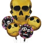 MPS MY PARTY SUPPLIERS® Set of 5 Golden skull shaped foil balloons Halloween theme foil balloons decorations Kids halloween party supplies Balloon decoration for hallo ween event Horror theme