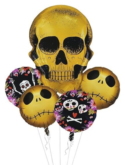 MPS MY PARTY SUPPLIERSĀ® Set of 5 Golden skull shaped foil balloons Halloween theme foil balloons decorations Kids halloween party supplies Balloon decoration for hallo ween event Horror theme