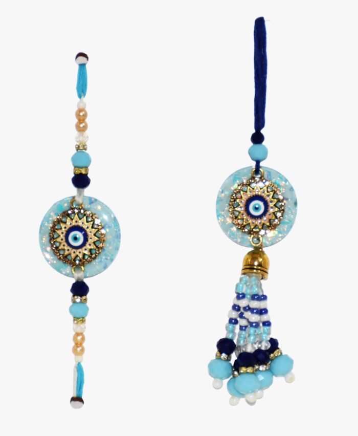 MPS MY PARTY SUPPLIERS® Lumba Rakhi with blue thread for Bhaiya Bhabhi with Roli Chawal Traditional Raksha Bandhan Gift for Sister-in-Law with Beads Lumba Couple Rakhi Set Rakshabandhan - Image 3