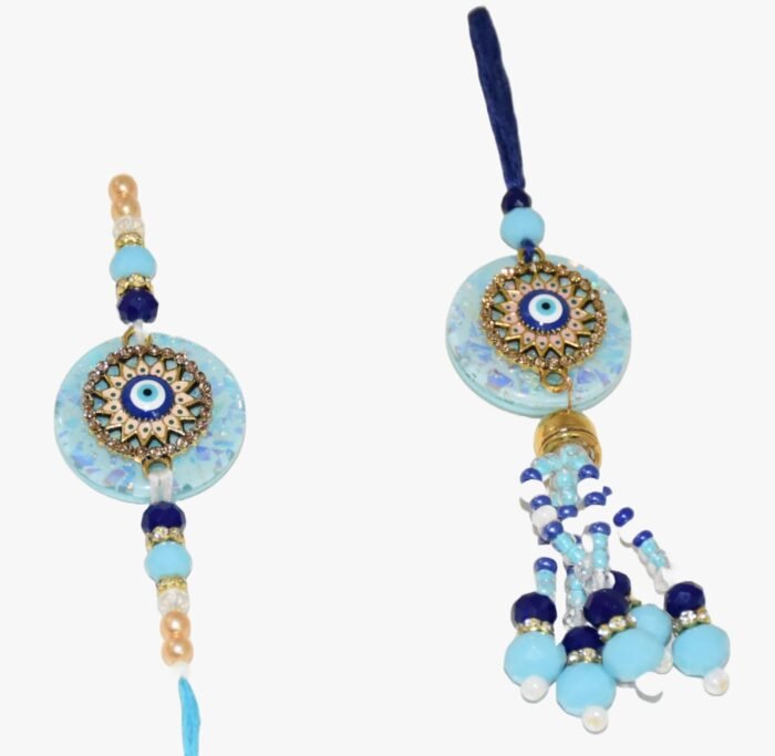 MPS MY PARTY SUPPLIERS® Lumba Rakhi with blue thread for Bhaiya Bhabhi with Roli Chawal Traditional Raksha Bandhan Gift for Sister-in-Law with Beads Lumba Couple Rakhi Set Rakshabandhan - Image 4