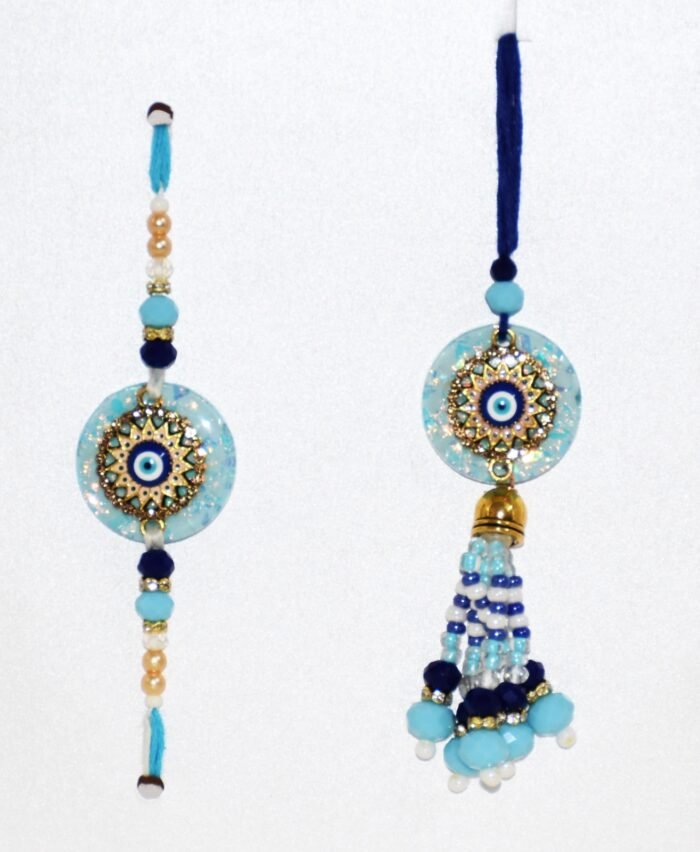 MPS MY PARTY SUPPLIERS® Lumba Rakhi with blue thread for Bhaiya Bhabhi with Roli Chawal Traditional Raksha Bandhan Gift for Sister-in-Law with Beads Lumba Couple Rakhi Set Rakshabandhan - Image 2