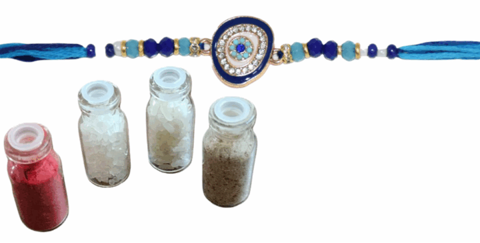 MPS MY PARTY SUPPLIERS® 1pc Evil eye Rakhi for brother/bhaiya/cousin with roli chawal tilak misri Rakshanbandhan evil eye rakhi set for kids toddlers Rakhi bracelet - Image 4