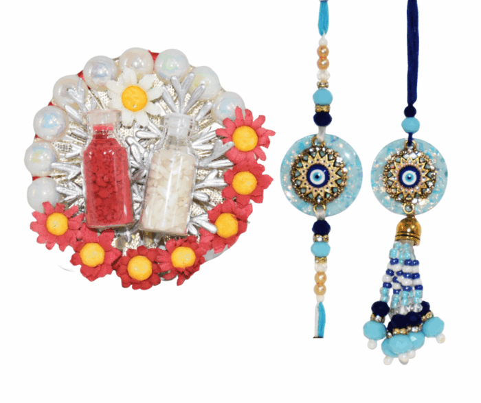 MPS MY PARTY SUPPLIERS® Lumba Rakhi with blue thread for Bhaiya Bhabhi with Roli Chawal Traditional Raksha Bandhan Gift for Sister-in-Law with Beads Lumba Couple Rakhi Set Rakshabandhan - Image 1