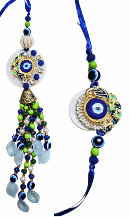 MPS MY PARTY SUPPLIERSĀ® Lumba Rakhi for Bhaiya Bhabhi with blue thread Traditional Raksha Bandhan Gift for Sister-in-Law with Beads Lumba Couple Rakhi Set Rakshabandhan