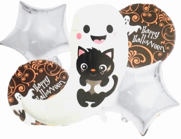 MPS MY PARTY SUPPLIERS® Set of 5 Smiling ghost holding cat halloween theme foil balloons decorations Kids halloween party supplies Balloon decoration for hallo ween event - Image 1