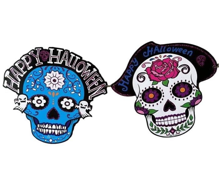 Blank Day of the Dead Card Skull Halloween Decorative Banner, Skull Paper Flag Hanging Decoration Happy Halloween Door Sign, Halloween Flag,Halloween Decoration Banner - Image 3
