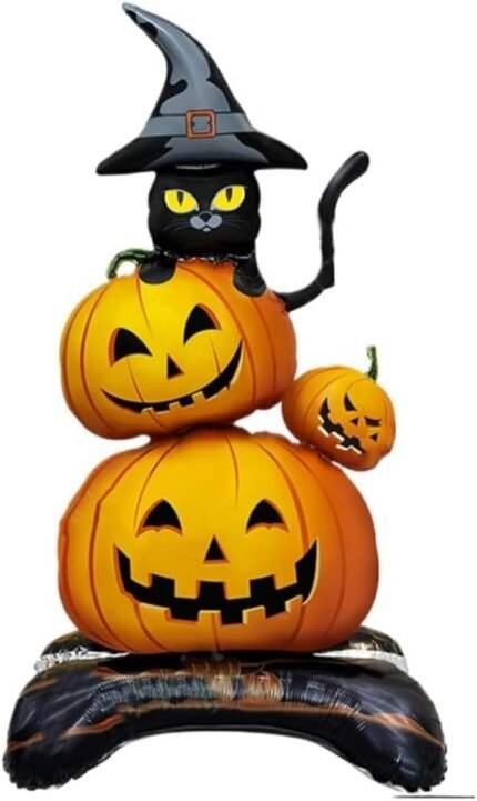 Halloween Pumpkin and Black Cat Balloon Decoration, Standing Jack-o'-Lantern Stack Design, Balloon Giant Ghost Pumpkin Skull Castle Standing Decor For Halloween Party Decoration