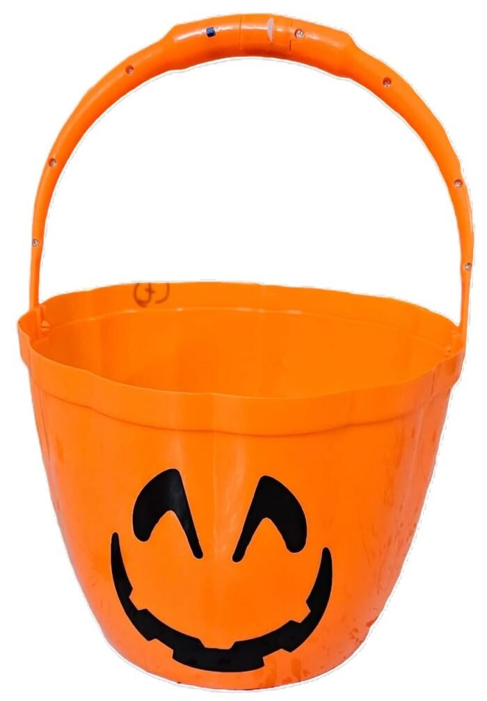 MPS My Party Suppliers Portable Orange LED Pumpkin Candy Basket for Halloween Party Decoration, Orange Pumpkin face Candy Bucket with Light, Party Supplies, Halloween Theme Decoration Props - Image 2
