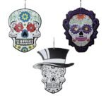 MPS My Party Suppliers 3 pcs Day of The Dead Mask Sugar Skull Full Face Hanging, Halloween Hanging Decoration, Skeleton Decoration, Skull Hanging, Halloween Decorations, halloween hanging skull ghosts