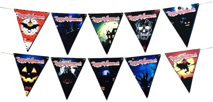MPS My Party Suppliers 1pc Happy Halloween Banner with ghost print, Halloween Banner Garland, MUlticolor banner for Halloween, Halloween Paper Hanging Decoration, halloween banner - Image 2