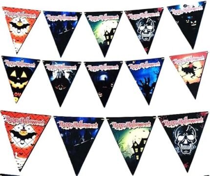 MPS My Party Suppliers 1pc Happy Halloween Banner with ghost print, Halloween Banner Garland, MUlticolor banner for Halloween, Halloween Paper Hanging Decoration, halloween banner