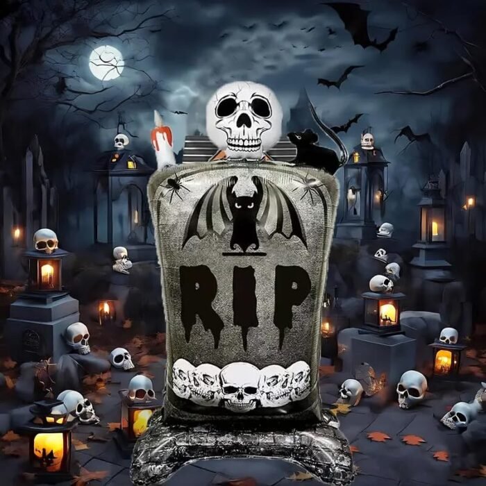 Halloween Tombstone Foil Balloon Decoration with Skulls and Bats, Party Supplies Skull Foil Balloons Halloween Party Decorations Skull Party Decorations Supplies, RIP BAlloon - Image 3