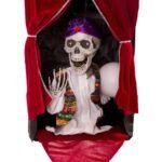 Animated Skeleton Fortune Teller Machine, Halloween Sound Light Horror Hanging Ornament, Purple, Red, Fabric, Plastic, Metal, Halloween Occasion