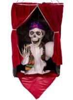 Animated Skeleton Fortune Teller Machine, Halloween Sound Light Horror Hanging Ornament, Purple, Red, Fabric, Plastic, Metal, Halloween Occasion