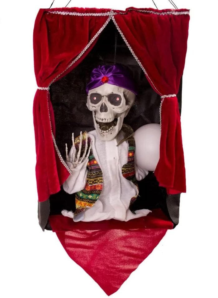 Animated Skeleton Fortune Teller Machine, Halloween Sound Light Horror Hanging Ornament, Purple, Red, Fabric, Plastic, Metal, Halloween Occasion - Image 1