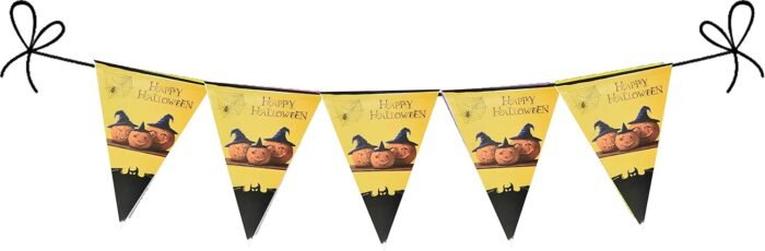61+OvTZyMrL._SL1500_ Happy Halloween Pennant Bunting Banner, Scary Skull Pumpkin Stripe Triangle Flag Hanging Decoration Halloween Door Sign, Halloween Flag - Image 1