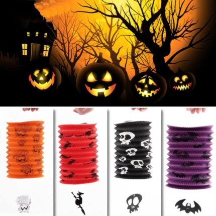 2 pcs Halloween Folding Cylinder Pumpkin Bat Witch Skull Paper Lantern, Halloween Ornament Cartoon Patterns Print Stretchable Lantern, Accordion Halloween Paper Lantern (Random Design)