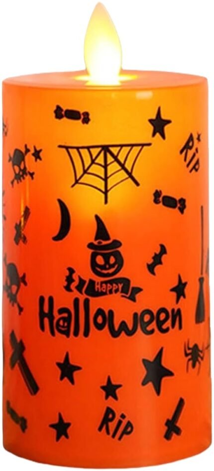 MPS My Party Suppliers 1pc Halloween Decoration LED Candles, Candles for Halloween, Halloween Pumpkin Light Up Candles, Flickering Halloween Candle Lights, Battery Operated Doodle Pattern LED Candles