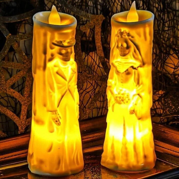 MPS My Party Suppliers Set of 2 Halloween Candle Skeleton Bride and Groom Candle Lamp Ghost Bride Night Lamp Table Lamp for Dining Desks Tabletop Decoration (Halloween Couple Ghost Candle) - Image 1