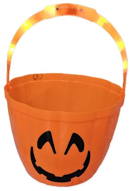 MPS My Party Suppliers Portable Orange LED Pumpkin Candy Basket for Halloween Party Decoration, Orange Pumpkin face Candy Bucket with Light, Party Supplies, Halloween Theme Decoration Props