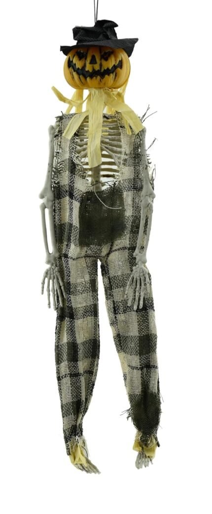Posable Full Body Pumpkin with Hat Halloween Skeleton Ornament with Movable Joints for Haunted House Props Decorations Garden Party Festival, Pumpkin Skeleton Decoration for Home