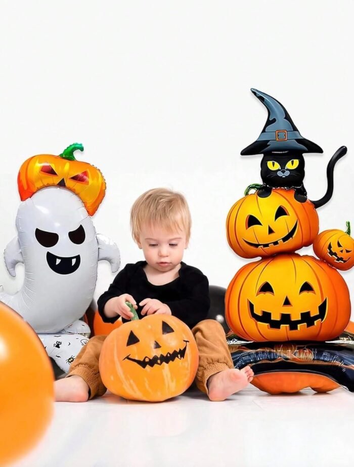 Halloween Pumpkin and Black Cat Balloon Decoration, Standing Jack-o'-Lantern Stack Design, Balloon Giant Ghost Pumpkin Skull Castle Standing Decor For Halloween Party Decoration - Image 2