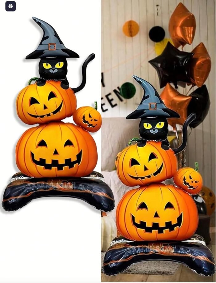 Halloween Pumpkin and Black Cat Balloon Decoration, Standing Jack-o'-Lantern Stack Design, Balloon Giant Ghost Pumpkin Skull Castle Standing Decor For Halloween Party Decoration - Image 5
