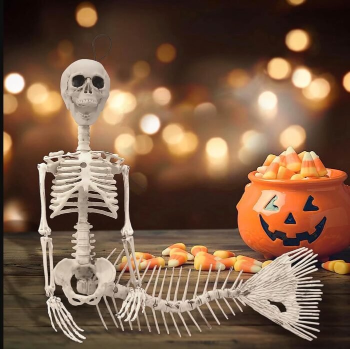 Posable Full Body Mermaid Halloween Skeleton Ornament, Hanging Skeleton Halloween Decor Halloween Hang Skull Doll Chamber Funny Mischievous Prop Skeleton Decor 15" Mermaid Skeleton Hanging - Image 1