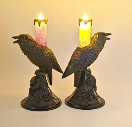 Set of 2 LED Halloween Flameless Candles, Purple and Orange Crow Candle Holder Light Flickering Candlestick Indoor Outdoor Horror Spooky Decoration Table Lamp Halloween Party Supplies