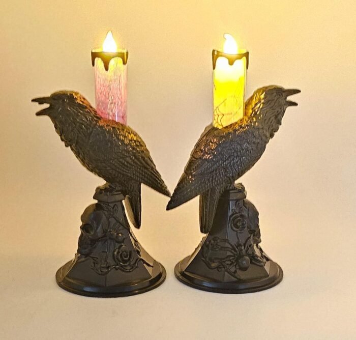 Set of 2 LED Halloween Flameless Candles, Purple and Orange Crow Candle Holder Light Flickering Candlestick Indoor Outdoor Horror Spooky Decoration Table Lamp Halloween Party Supplies - Image 1
